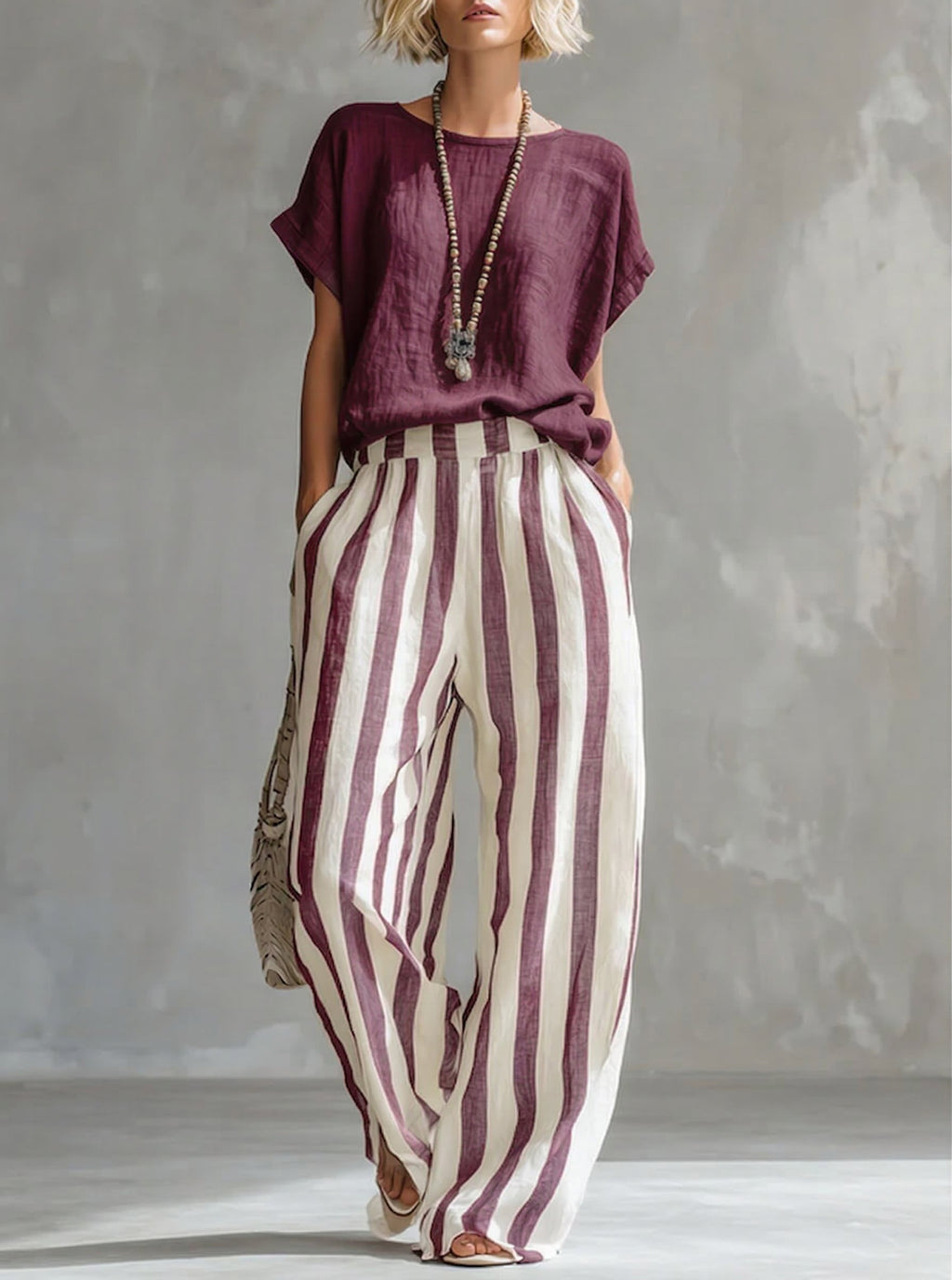 Cozy Loose-fit Striped Faux Cotton-linen Two-piece Set