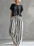 Cozy Loose-fit Striped Faux Cotton-linen Two-piece Set