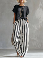 Cozy Loose-fit Striped Faux Cotton-linen Two-piece Set