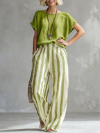 Cozy Loose-fit Striped Faux Cotton-linen Two-piece Set