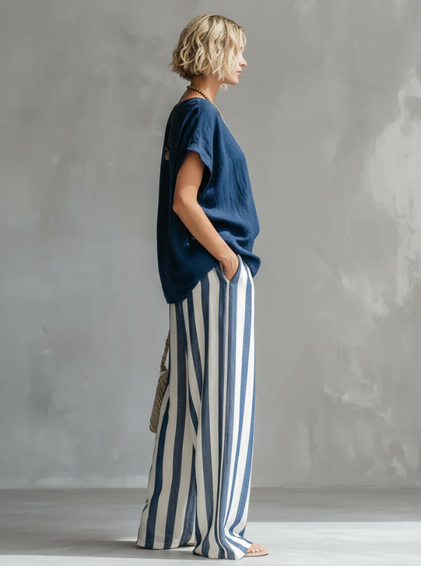 Cozy Loose-fit Striped Faux Cotton-linen Two-piece Set