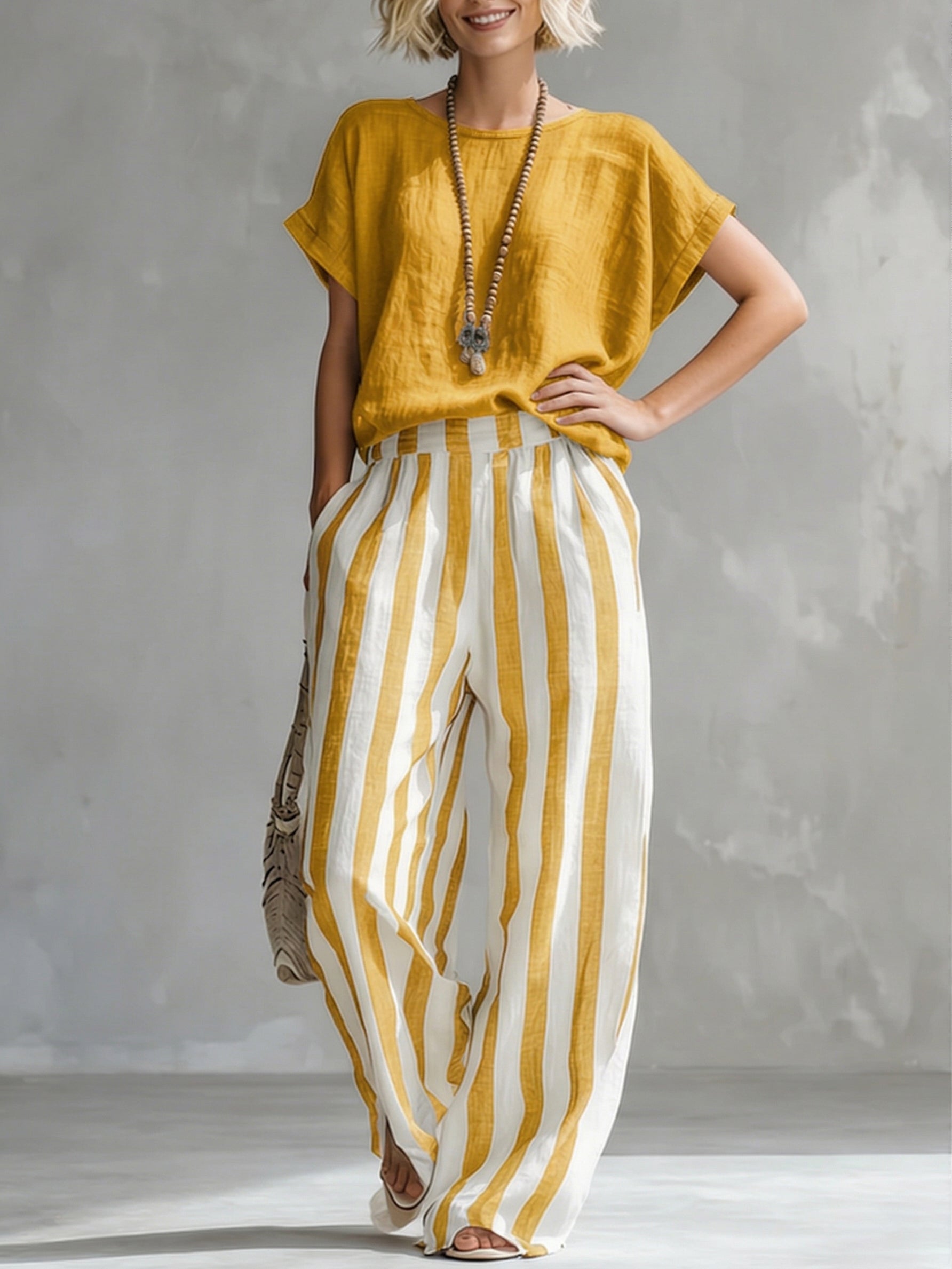 Cozy Loose-fit Striped Faux Cotton-linen Two-piece Set