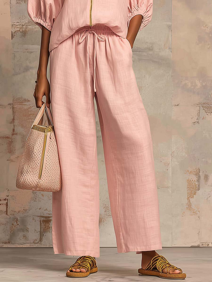 Casual Loose Solid Color Zipper Round Neck Wide-Leg Pants Set