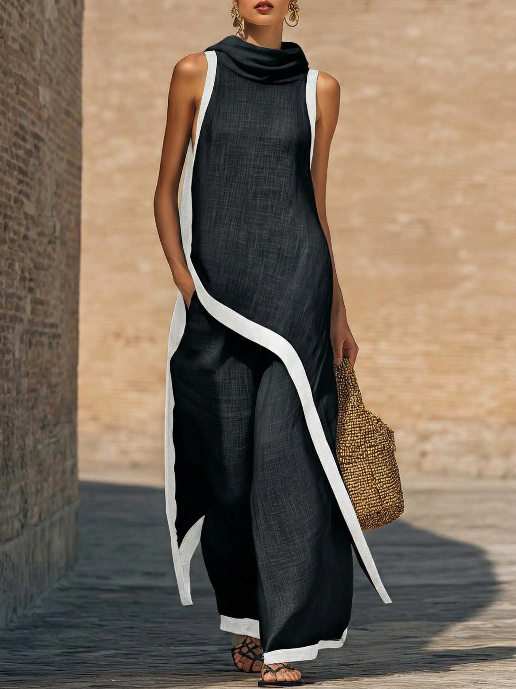 Elegant Irregular Sleeveless Top and Wide-Leg Pants Two-Piece Set