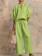 Casual Loose Solid Color Zipper Round Neck Wide-Leg Pants Set