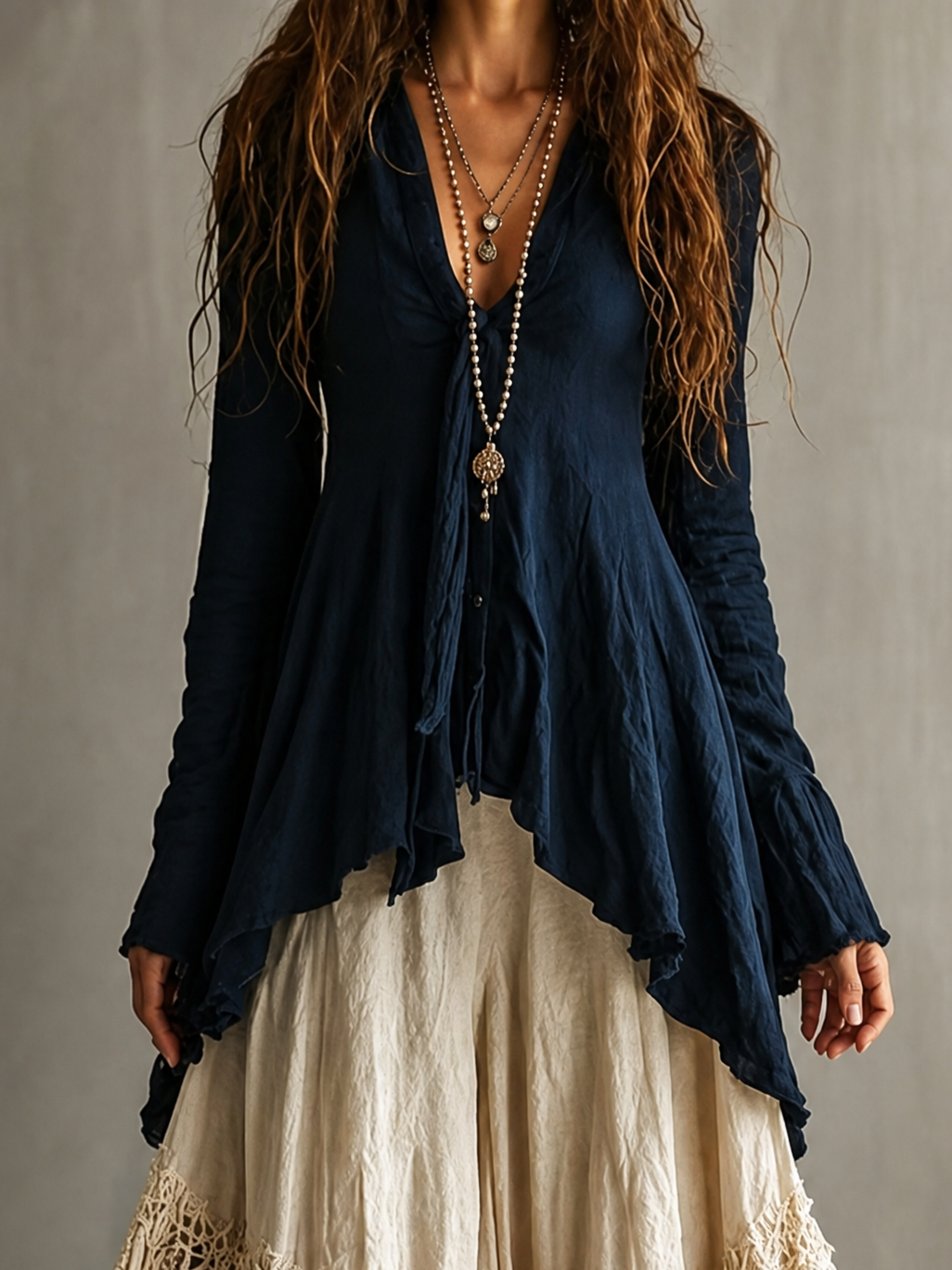 Boho Two Piece Outfit Irregular Long Sleeve Top Maxi Skirt Set