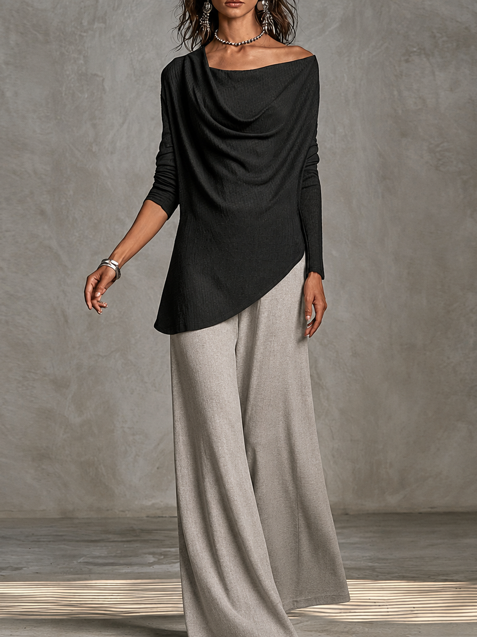 Black Draped Cowl Off Shoulder Long Sleeve Top & Light Heather Grey Wide Leg Pants Two Piece Set