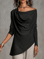 Black Draped Cowl Off Shoulder Long Sleeve Top & Light Heather Grey Wide Leg Pants Two Piece Set
