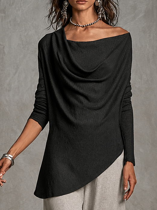 Black Draped Cowl Off Shoulder Long Sleeve Top & Light Heather Grey Wide Leg Pants Two Piece Set