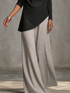 Black Draped Cowl Off Shoulder Long Sleeve Top & Light Heather Grey Wide Leg Pants Two Piece Set