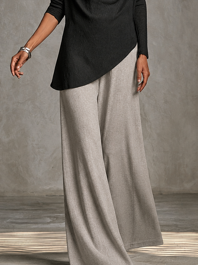 Black Draped Cowl Off Shoulder Long Sleeve Top & Light Heather Grey Wide Leg Pants Two Piece Set