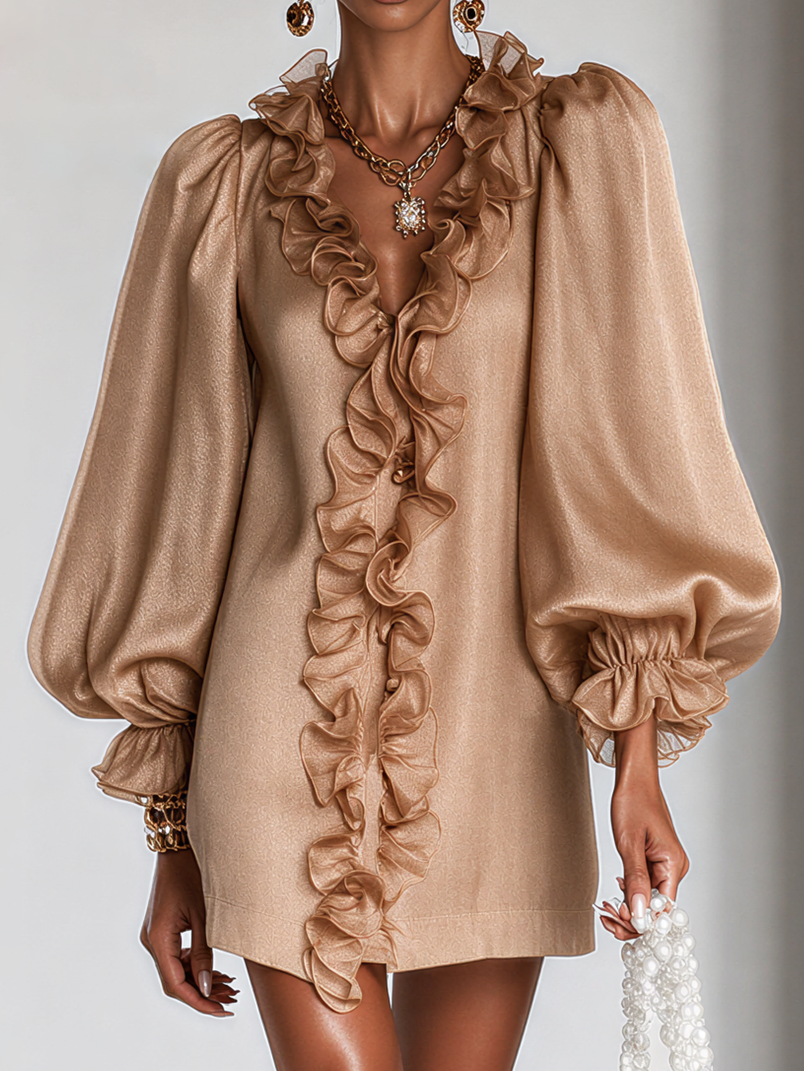Ruffled Puff-Sleeve Loose Straight-Cut Mini Dress