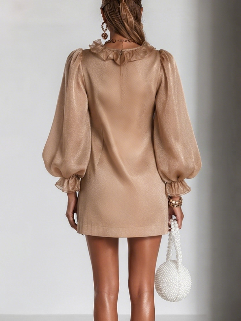 Ruffled Puff-Sleeve Loose Straight-Cut Mini Dress
