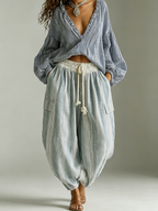 Bohemian Striped Lantern-Sleeve Top and Lantern Pants Two-Piece Set