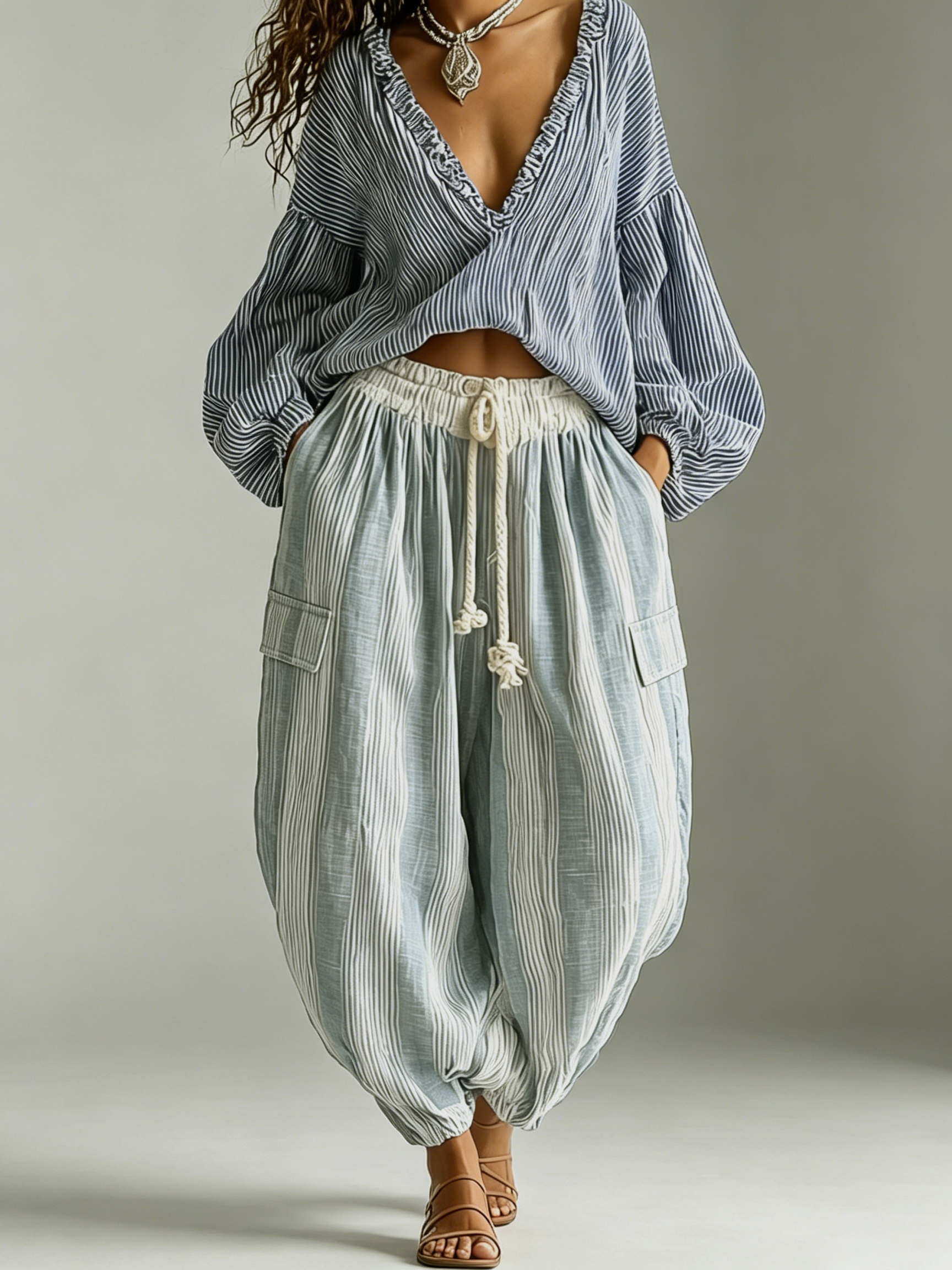 Bohemian Striped Lantern-Sleeve Top and Lantern Pants Two-Piece Set