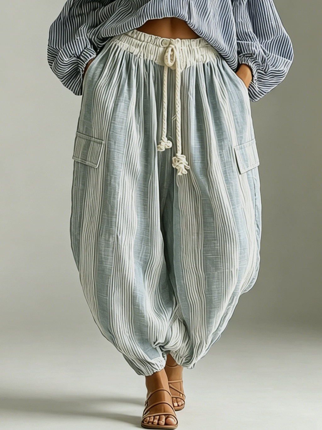 Bohemian Striped Lantern-Sleeve Top and Lantern Pants Two-Piece Set