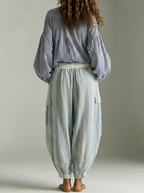 Bohemian Striped Lantern-Sleeve Top and Lantern Pants Two-Piece Set
