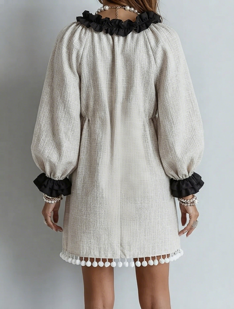 Color-Block Lettuce-Edge Puff Sleeves Tassels Shift Mini Dress