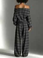 Loose Off-Shoulder Plaid Top and Pants Chic Two-Piece Set