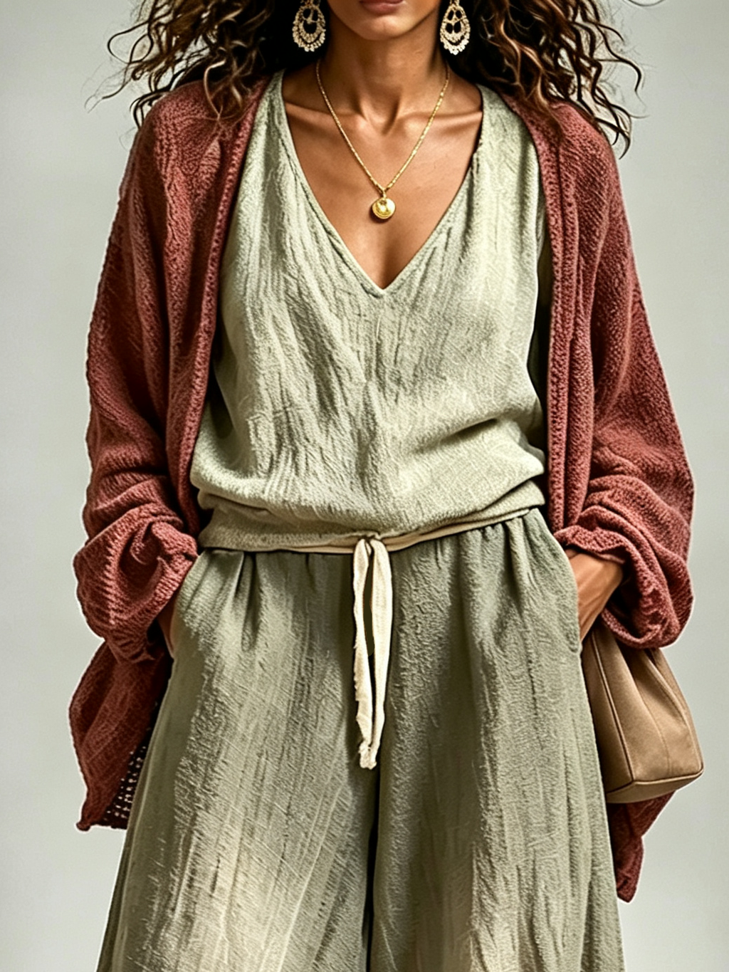 Tank Top+Harem Pants+and Knit Cardigan Casual Three-Piece Set