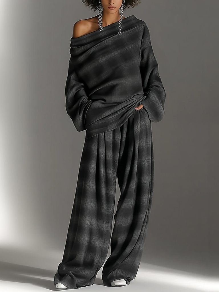 Loose Off-Shoulder Plaid Top and Pants Chic Two-Piece Set