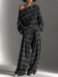 Loose Off-Shoulder Plaid Top and Pants Chic Two-Piece Set