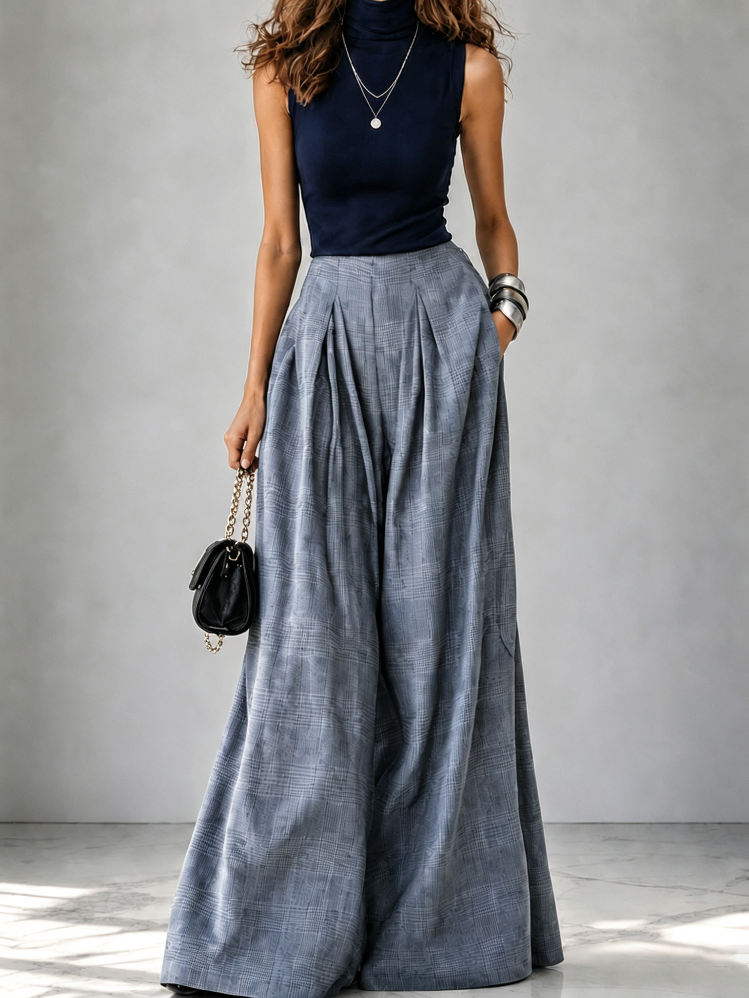 Navy Sleeveless Turtleneck Knit Top & Grey Plaid Pleated Wide Leg Trousers Two Piece Set