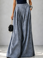 Navy Sleeveless Turtleneck Knit Top & Grey Plaid Pleated Wide Leg Trousers Two Piece Set