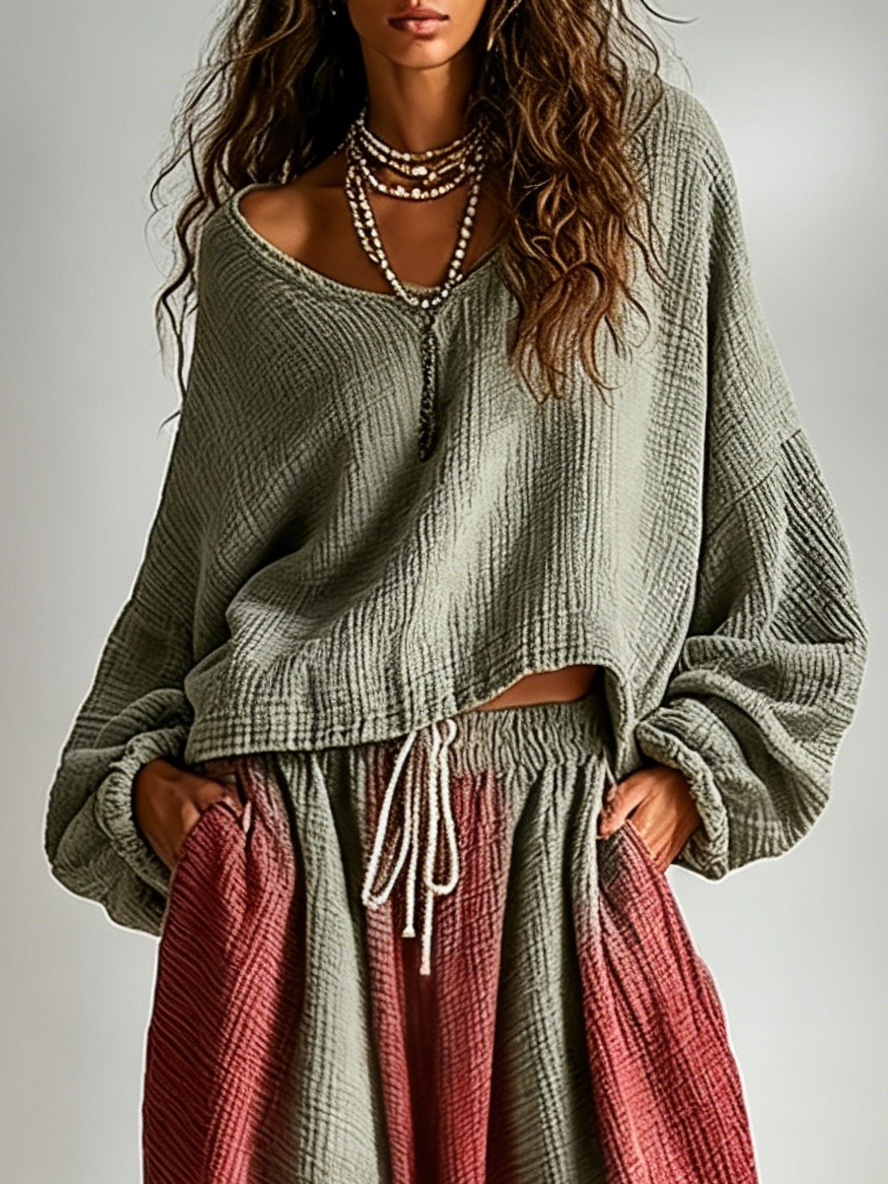 Bohemian-Style Loose Casual Ombre Design Two Piece Matching Set