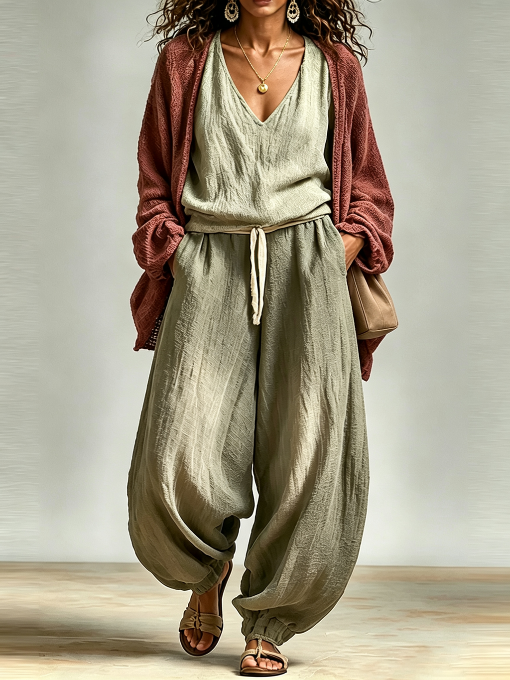 Tank Top+Harem Pants+and Knit Cardigan Casual Three-Piece Set