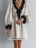 Color-Block Lettuce-Edge Puff Sleeves Tassels Shift Mini Dress