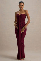 Graciela™ | Vestido Largo Burdeos con Escote Corazón, Drapeado y Lazo