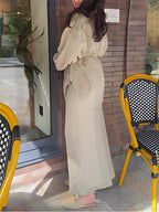 Long-sleeved Tie-Drawstring Shirt and Skirt Set
