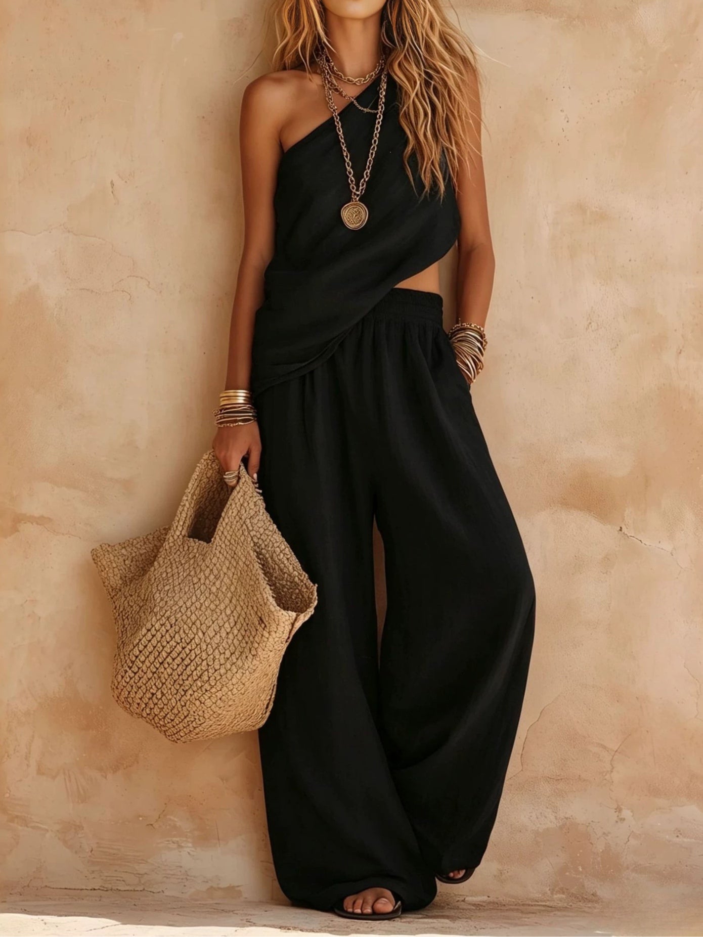 One-shoulder Sleeveless Top And Pants Casual Set